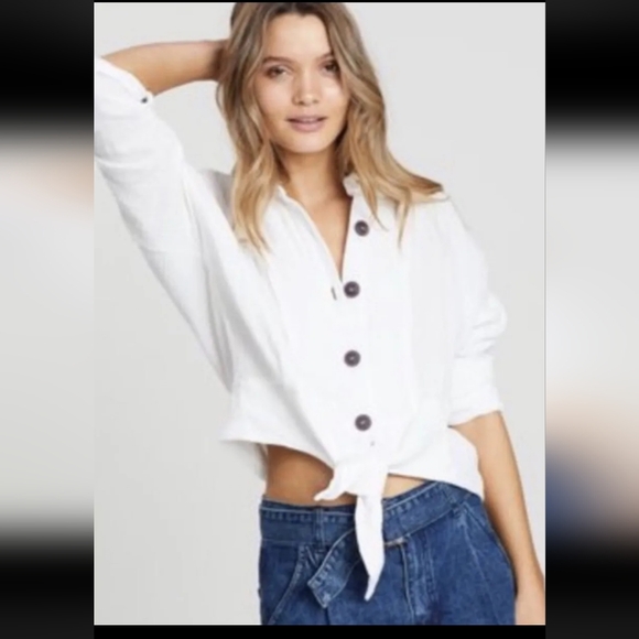 Free People Sun Streaks Tie Front Top Gauzy Button Up Tie Hem White Size Small - Picture 14 of 14